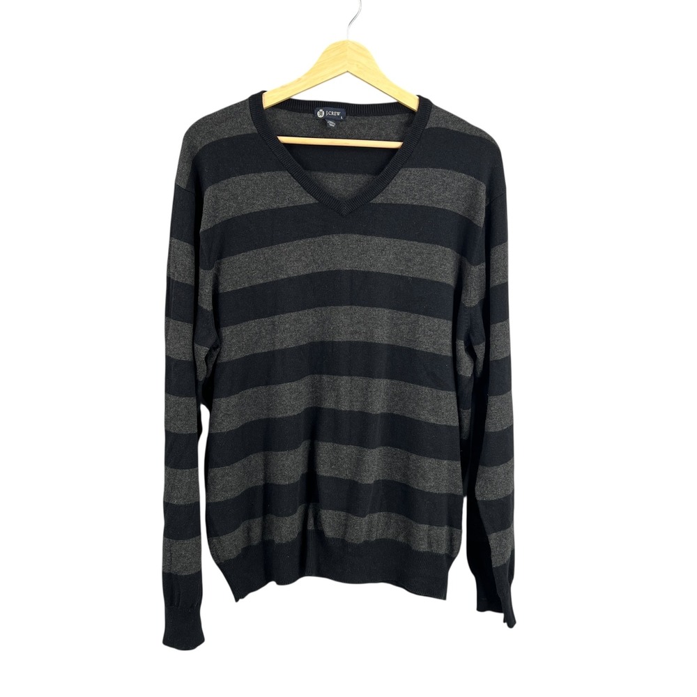 J Crew Sweater‎ Black Gray Striped V Neck Cotton Cashmere Blend Mens Large